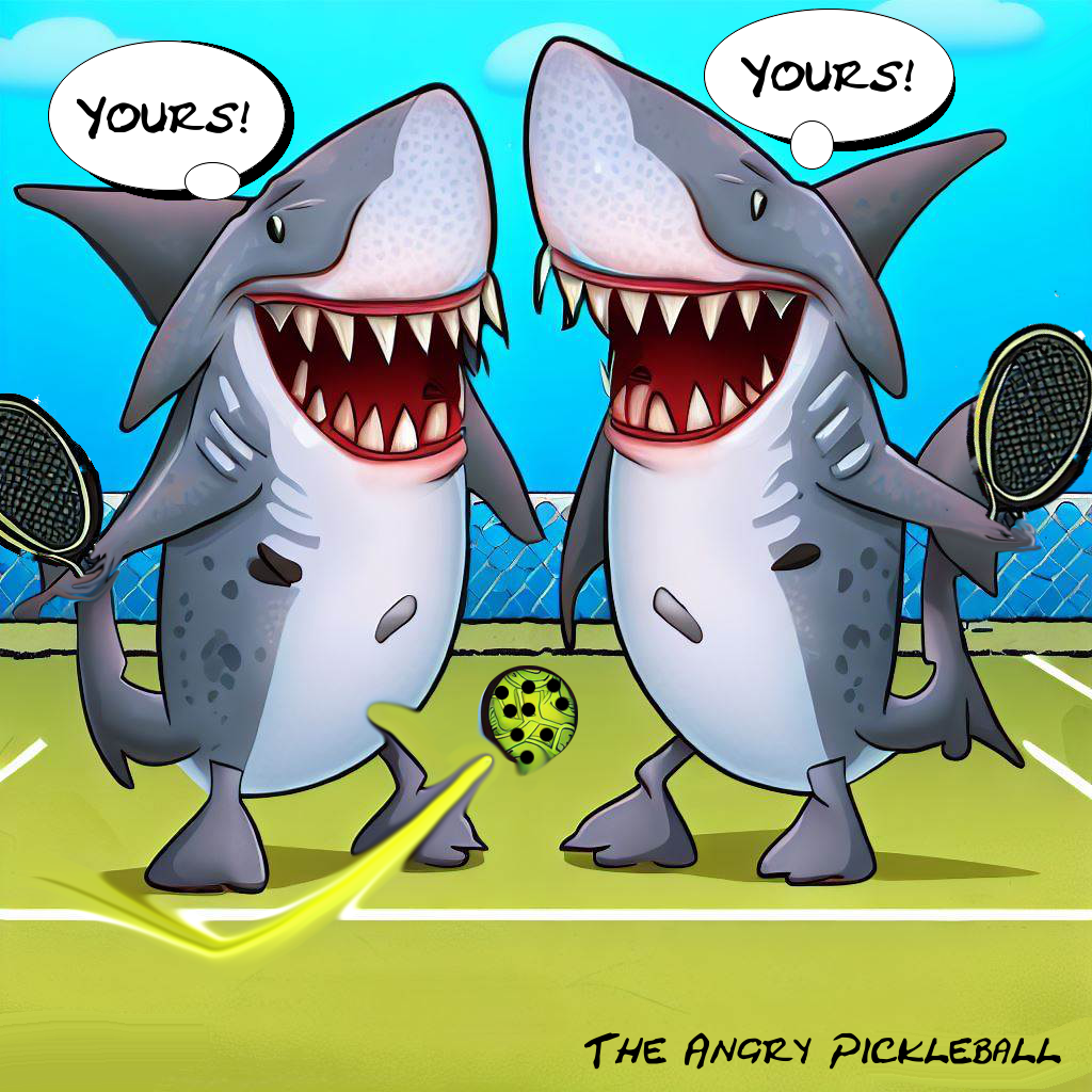 Two sharks on pickleball court saying Yours